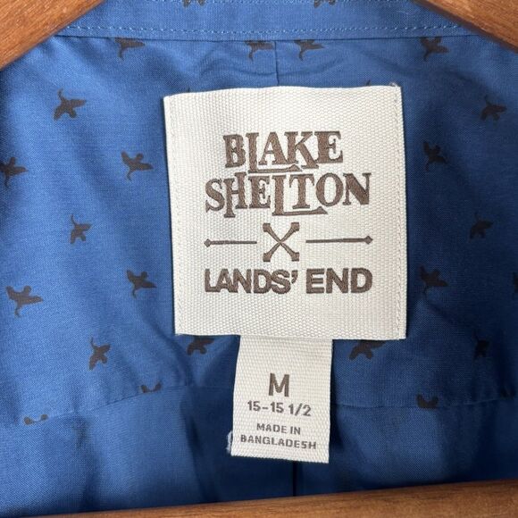 Blake Shelton Lands End Dress Shirt Mens Medium 15-15.5 Button Blue Geese Print - Picture 3 of 11
